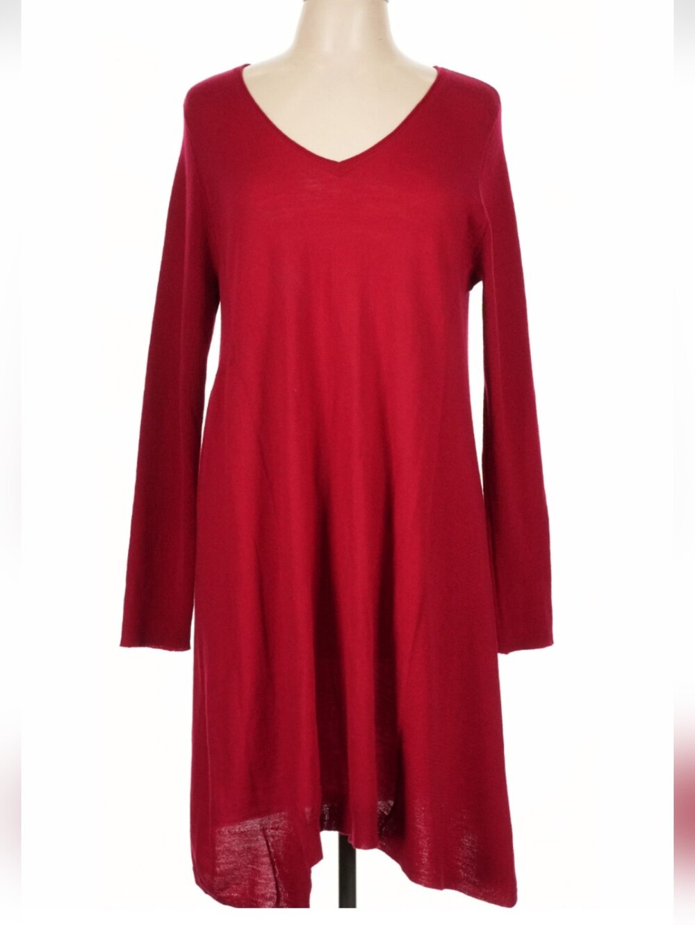 Eileen Fisher Size L Red 100% Merino Wool V-neck asymmetrical layering dress
